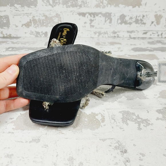 CHASE & CHLOE Double Rhinestone Pyramid Heel Sandal In Black Silver E92 - Picture 8 of 10